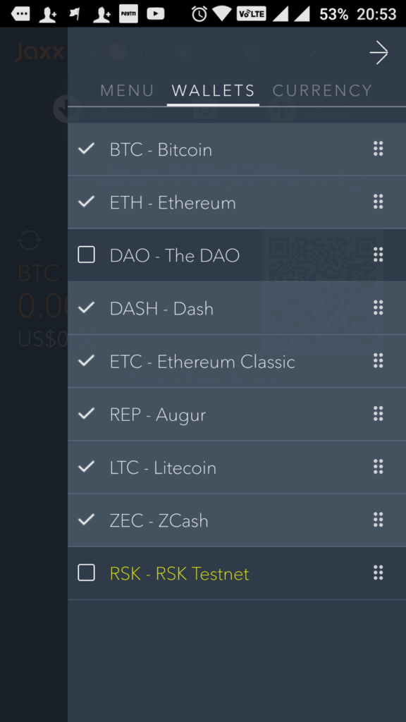 Jaxx Supported Currencies